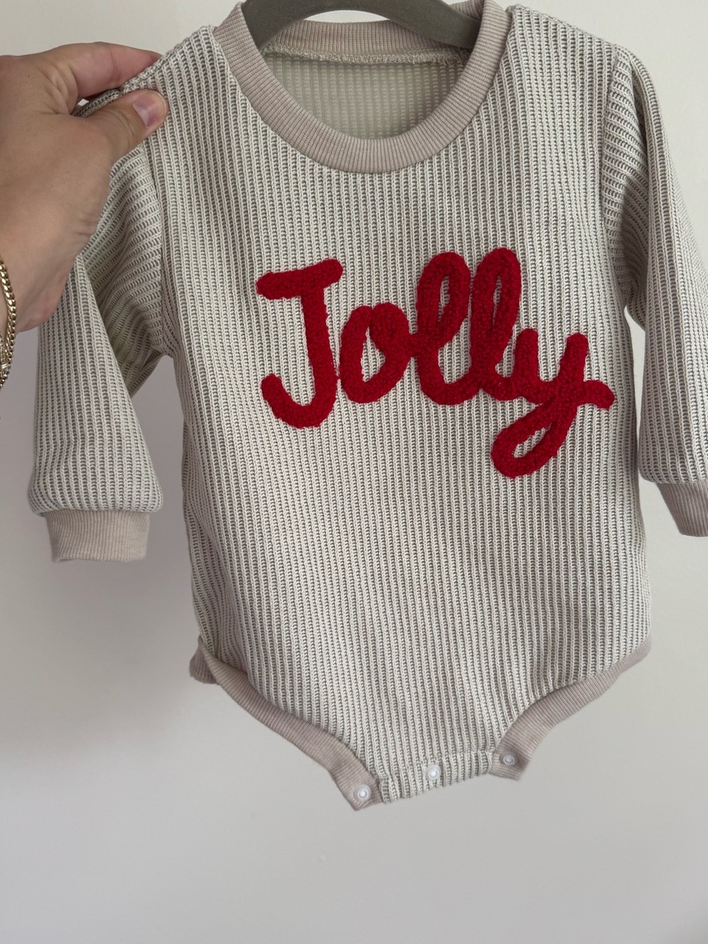 Amazon Cream Waffle-Knit Bodysuit with Red 'Jolly' Chenille Script